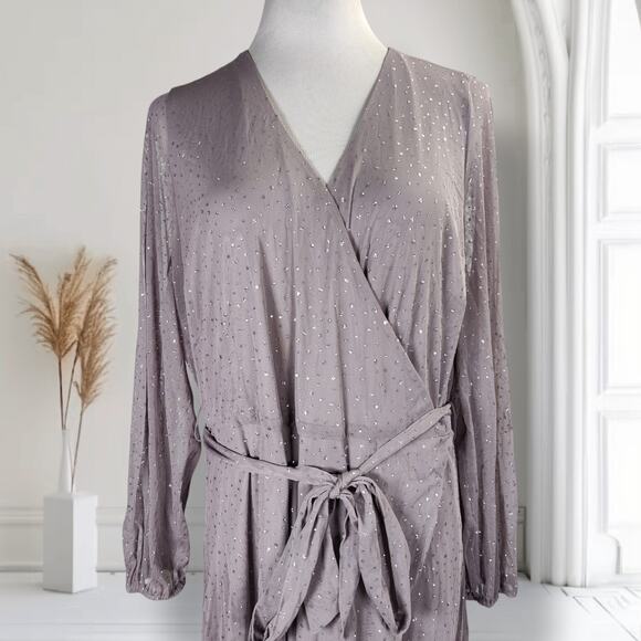 Alfani Glitter Mesh Wrap Dress 2X Silver Long Sleeve Plus Size Party Midi - Picture 7 of 14